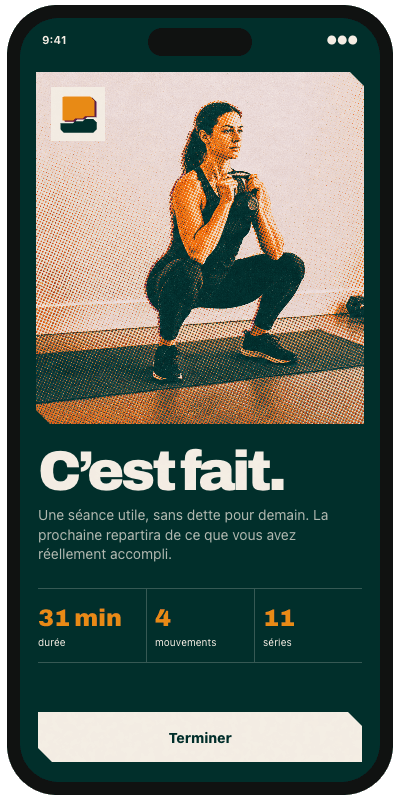 Écran de bilan indiquant une séance terminée en 31 minutes.